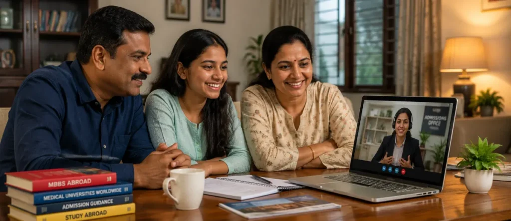 MBBS Abroad Fees consultation with a family and an admissions officer on a laptop screen.