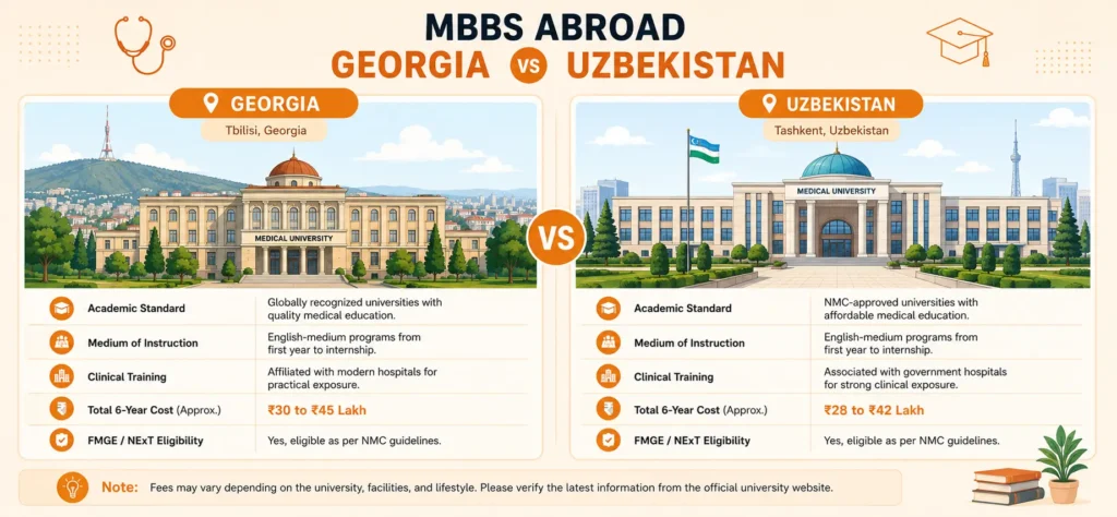 MBBS Abroad Fees comparison chart between medical universities in Georgia and Uzbekistan.