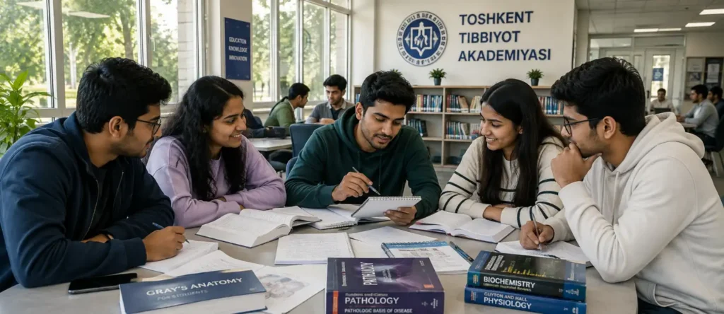 NExT preparation for MBBS Abroad: Five medical students sit around a table studying textbooks inside a modern library.