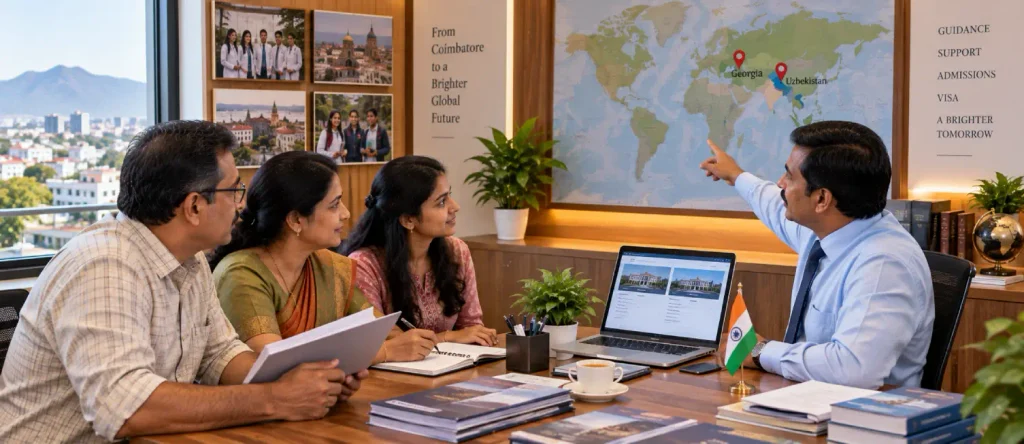Indian family discussing Georgia and Uzbekistan options with an education advisor for safe MBBS Abroad Fee Payment