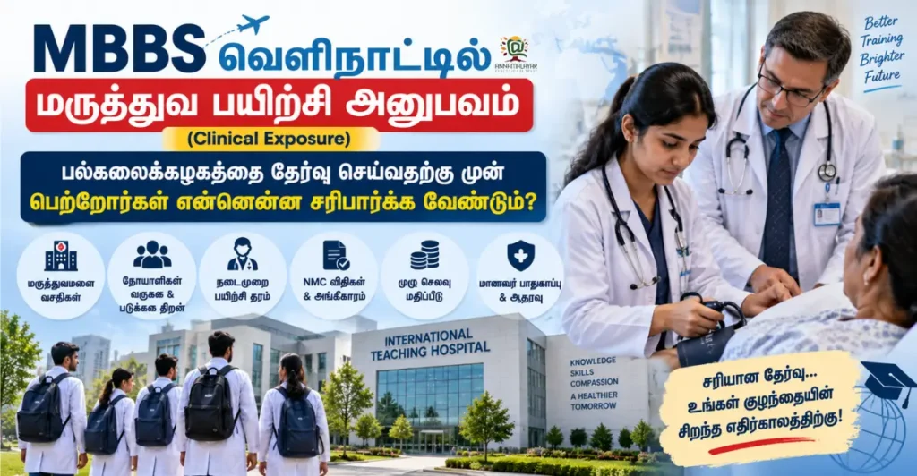 MBBS Abroad Clinical Exposure: Tamil-language banner showing Indian medical students, a teaching hospital, and key factors parents should check before choosing an MBBS university abroad.