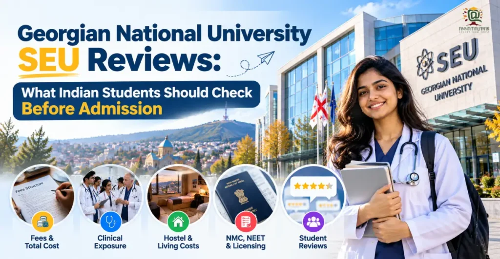 Georgian National University SEU Reviews: Indian medical student exploring SEU campus, MBBS fees, clinical exposure, hostel facilities, and admission requirements in Georgia.